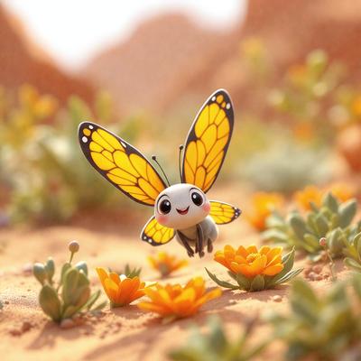 The primary subject of the image is a yellow butterfly with a pink face, flying in a field of flowers. The setting is a dirt field with a variety of flowers, creating a vibrant and lively atmosphere. The visual style is a combination of photo and digital art, giving the image a unique and artistic appearance. The colors and mood are predominantly warm and cheerful, with the yellow butterfly and flowers adding a sense of joy and liveliness to the scene.